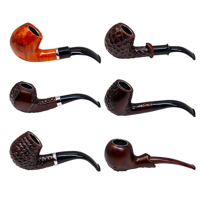 Wood And Resin Engraved Pipe Display Of 6 Pcs