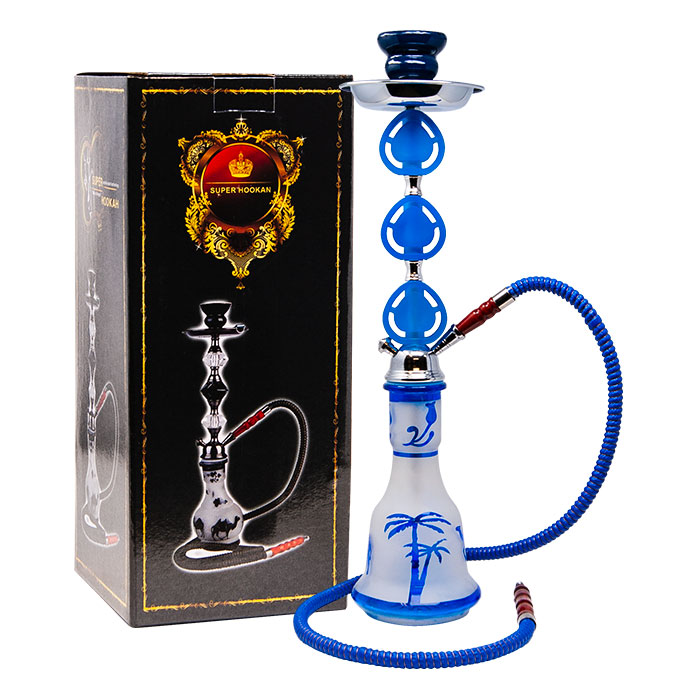 Blue Translucent Glass Base Tropical Hookah 22 Inches