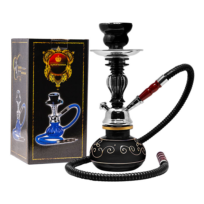 Floral Design Black Glass Hookah 11 Inches