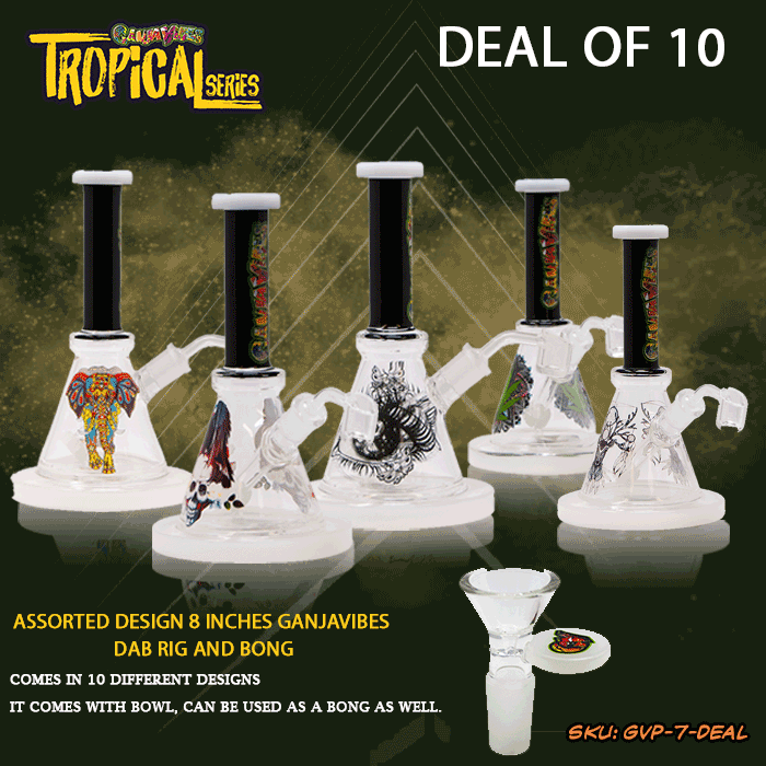 Assorted Design Tropical Series 8 Inches Ganjavibes Dab Rig and Bong Deal of 10