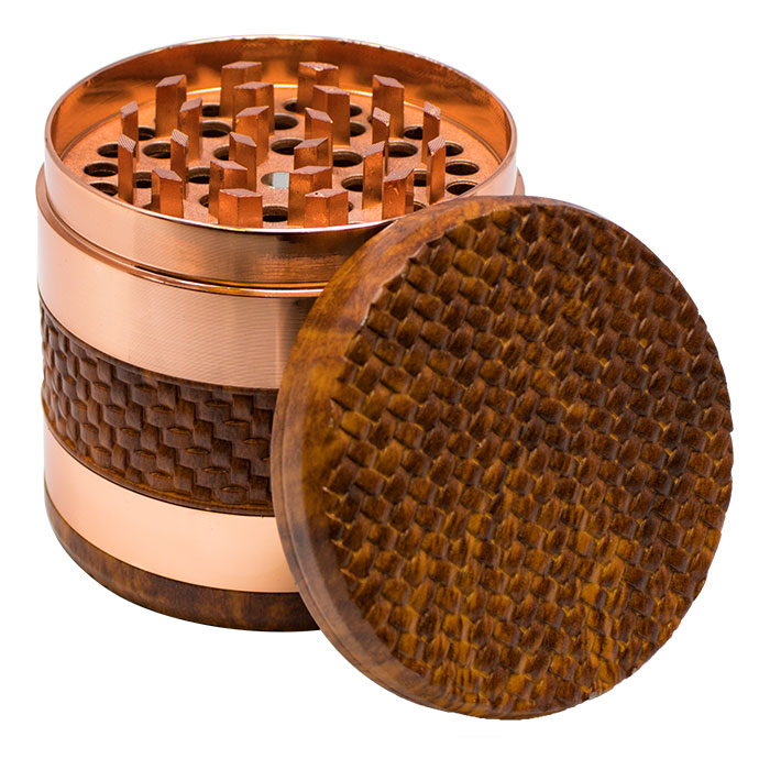 Cylindrical Rose Gold Wood and Aluminium Grinder display of 6