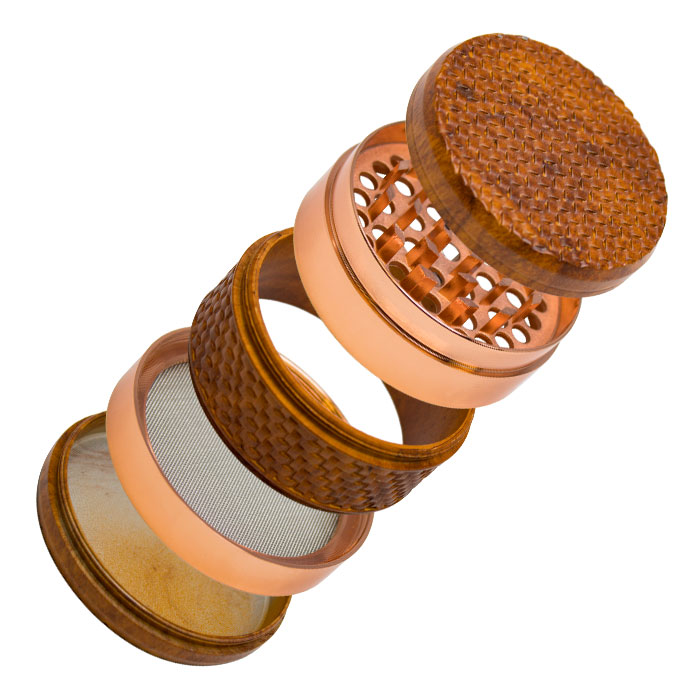 Cylindrical Rose Gold Wood and Aluminium Grinder display of 6