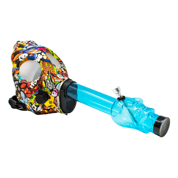 Graphic Silicone Colored Gas Mask with Sky blue Acrylic Bong