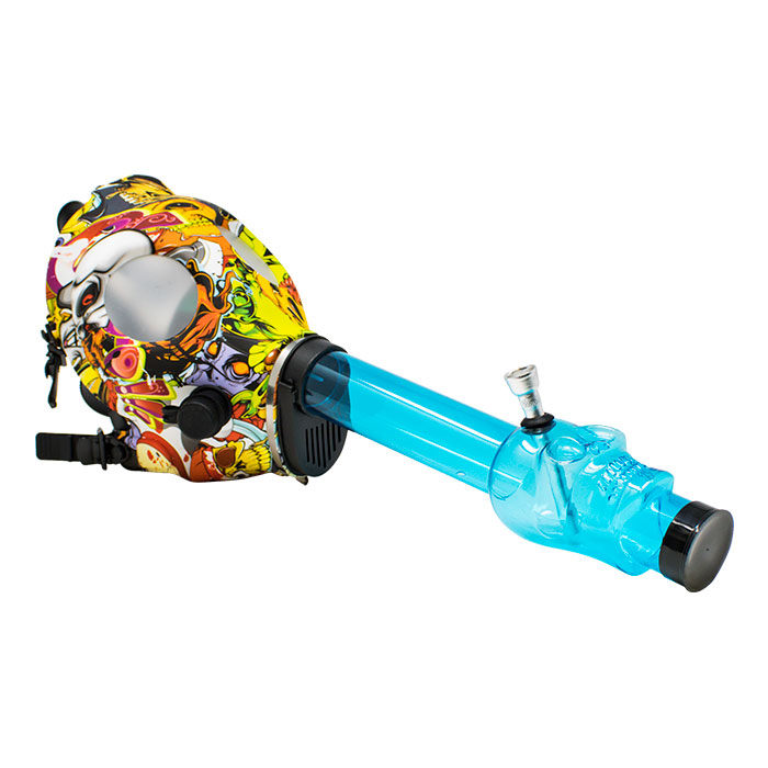 Sky blue Acrylic Bong With Graphic Silicone Multi Colored Gas Mask