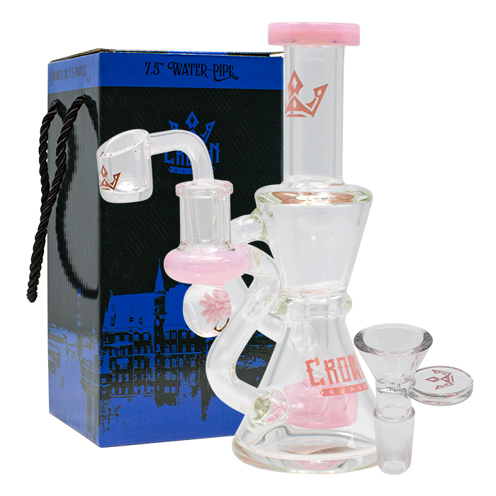 Pink Hourglass Shaped 7.5 Inches Glass Dab Rig and Bong by Crown Glass