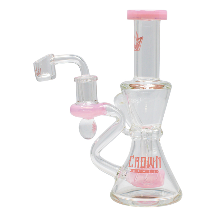 Pink Hourglass Shaped 7.5 Inches Glass Dab Rig and Bong by Crown Glass