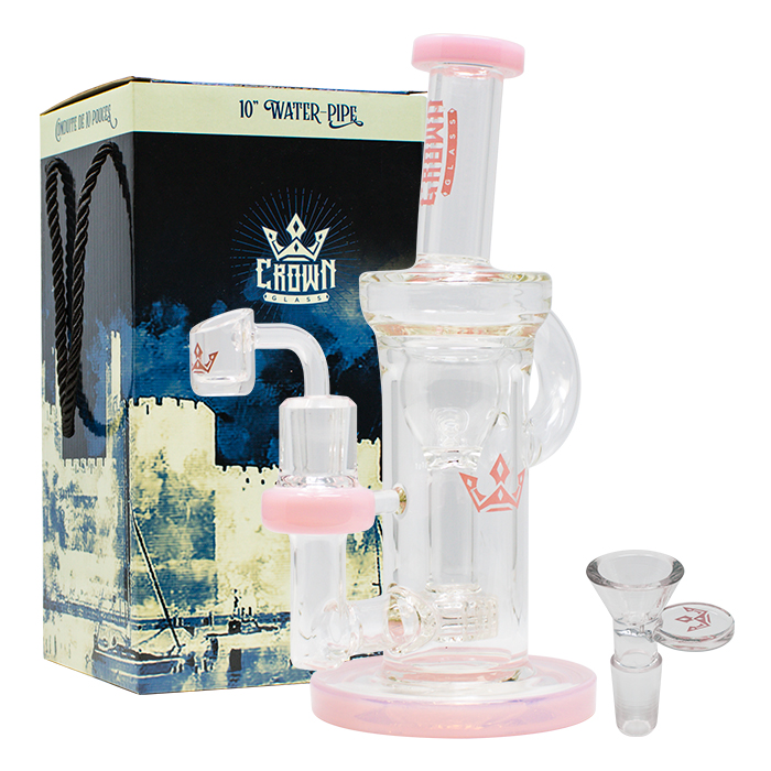 Pink Crown Glass 10 Inches Glass Dab Rig and Bong with Handle