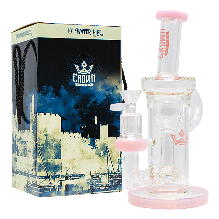 Pink Crown Glass 10 Inches Glass Dab Rig and Bong with Handle