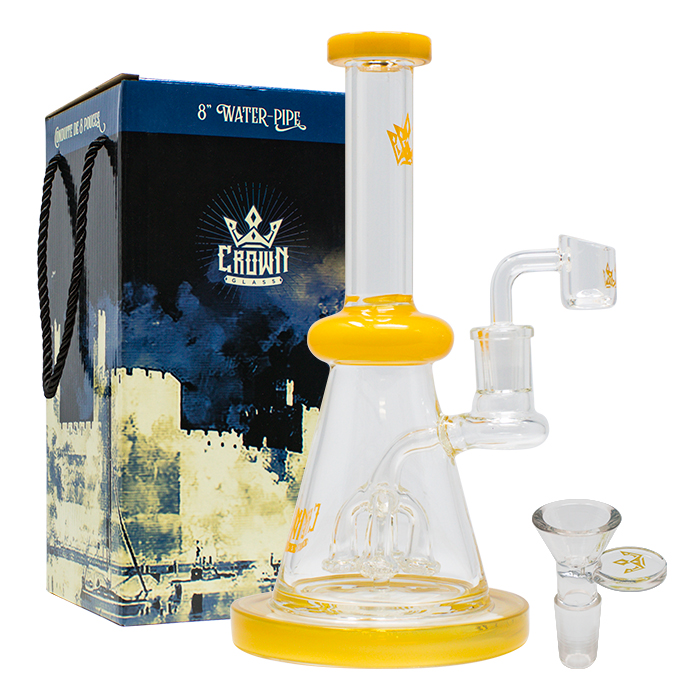 Bent Neck Yellow Crown Glass 8 Inches Glass Dab Rig and Bong