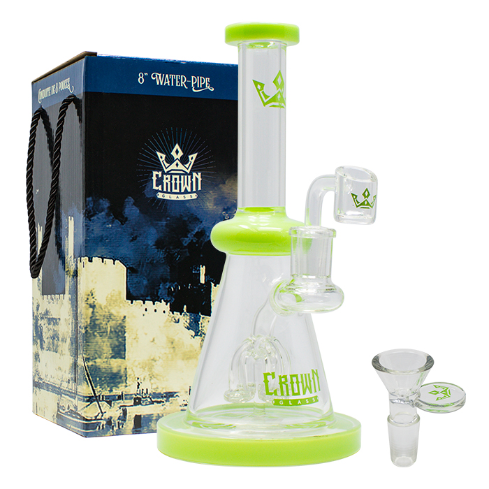 Bent Neck Green Crown Glass 8 Inches Glass Dab Rig and Bong