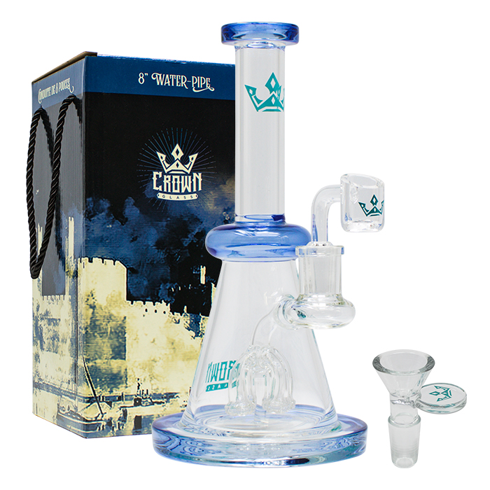 Bent Neck Blue Crown Glass 8 Inches Glass Dab Rig and Bong