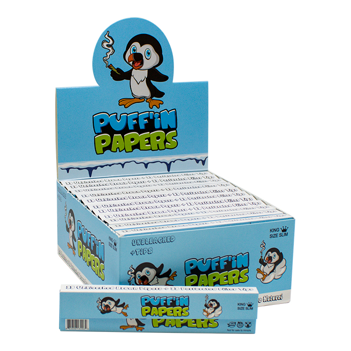 Puffin Unbleached King Size Slim Rolling Paper and Tips Ct-24