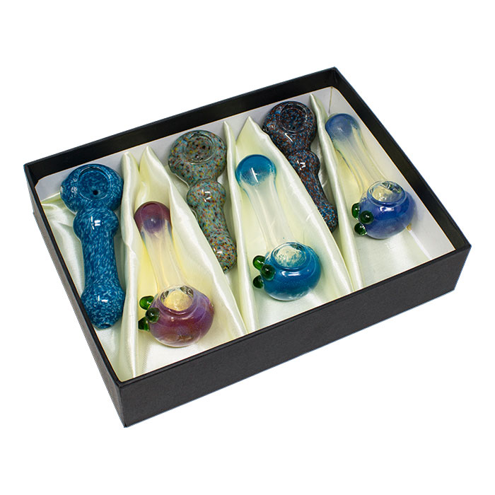 Assorted Color Fume and Sprinkle Frit Glass Pipes Gift Box