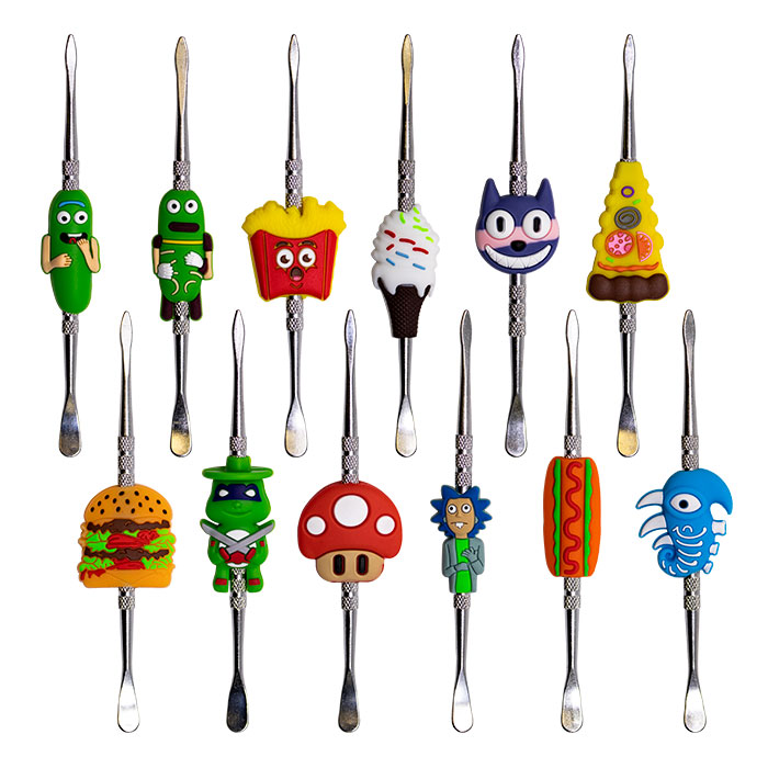Assorted Silicone Characters Stainless Steel Wax Collector Dabbing Sticks Jar of 30