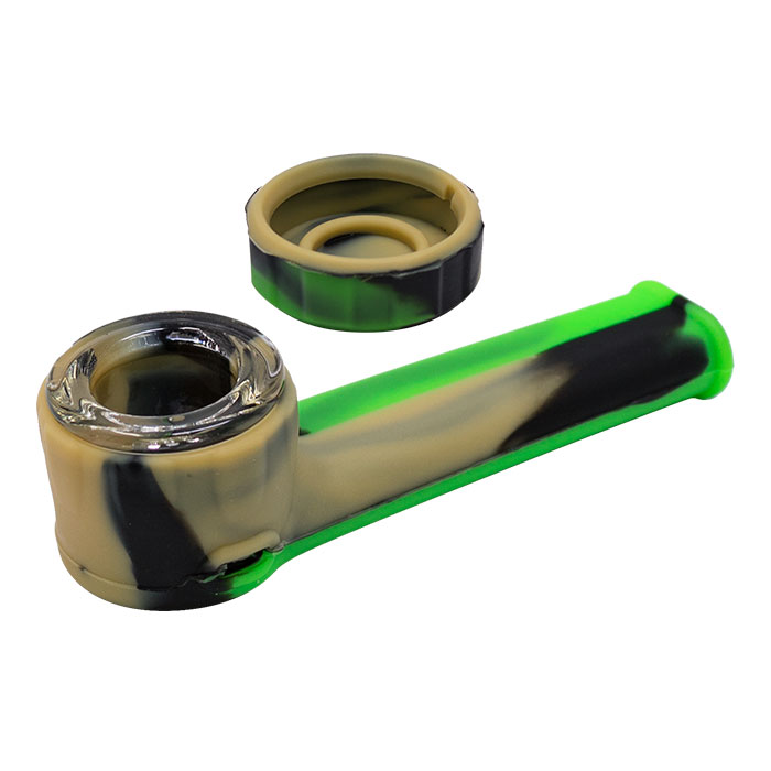 Green Black Silicone Pipe With Glass Bowl And Silicone Lid