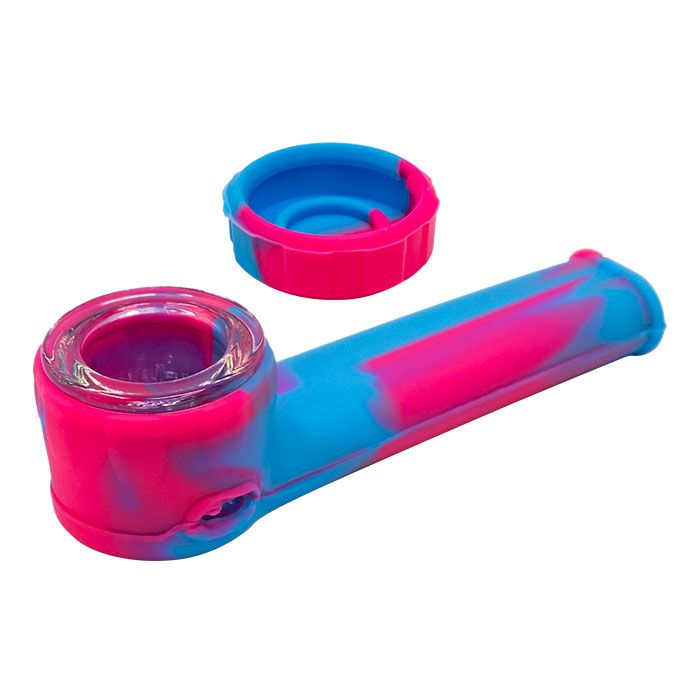 Blue Red Silicone Pipe with Glass Bowl and Silicone Lid