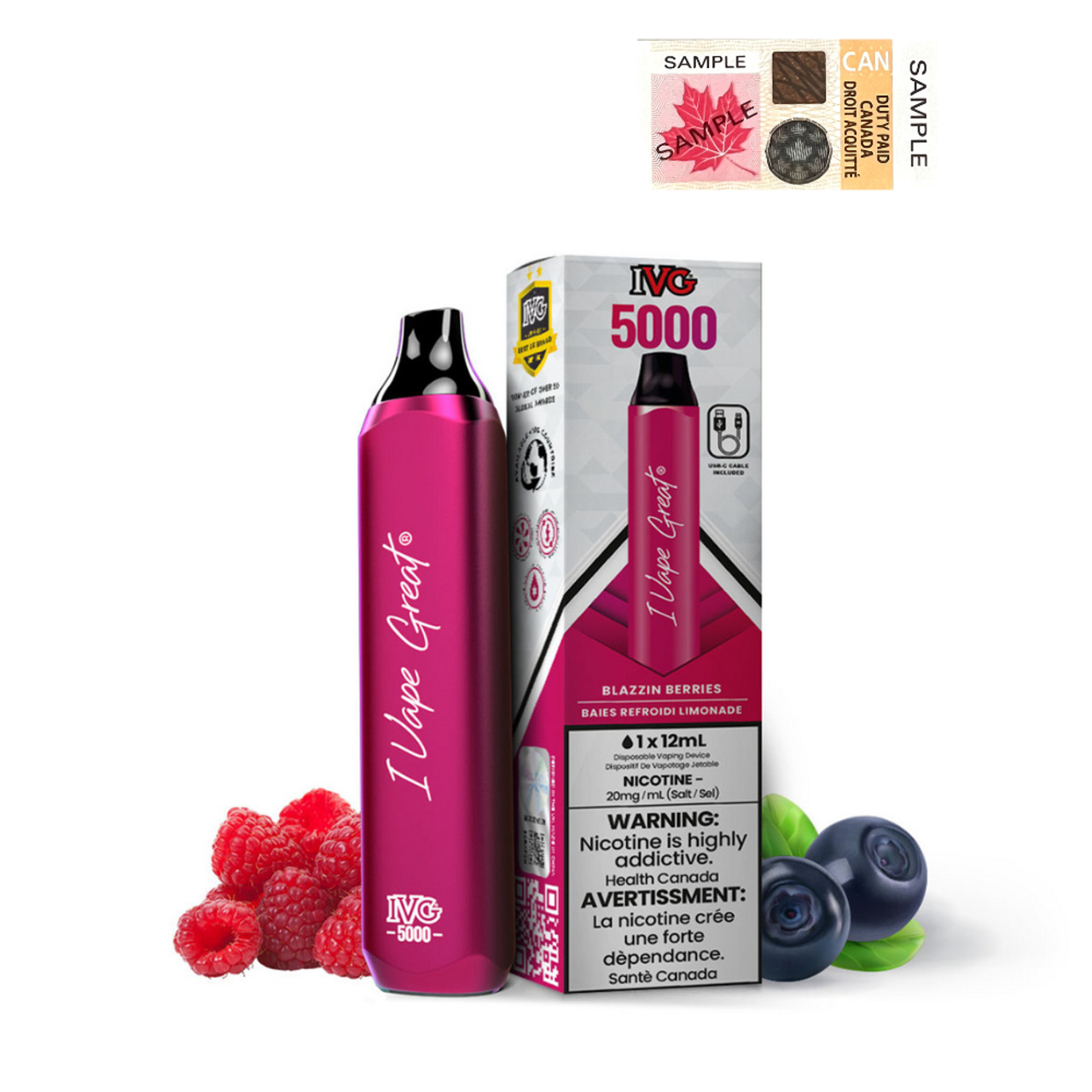 (Stamped) Blazzin Berries IVG Bar Max 5000 Puffs Disposable Vape Ct-6