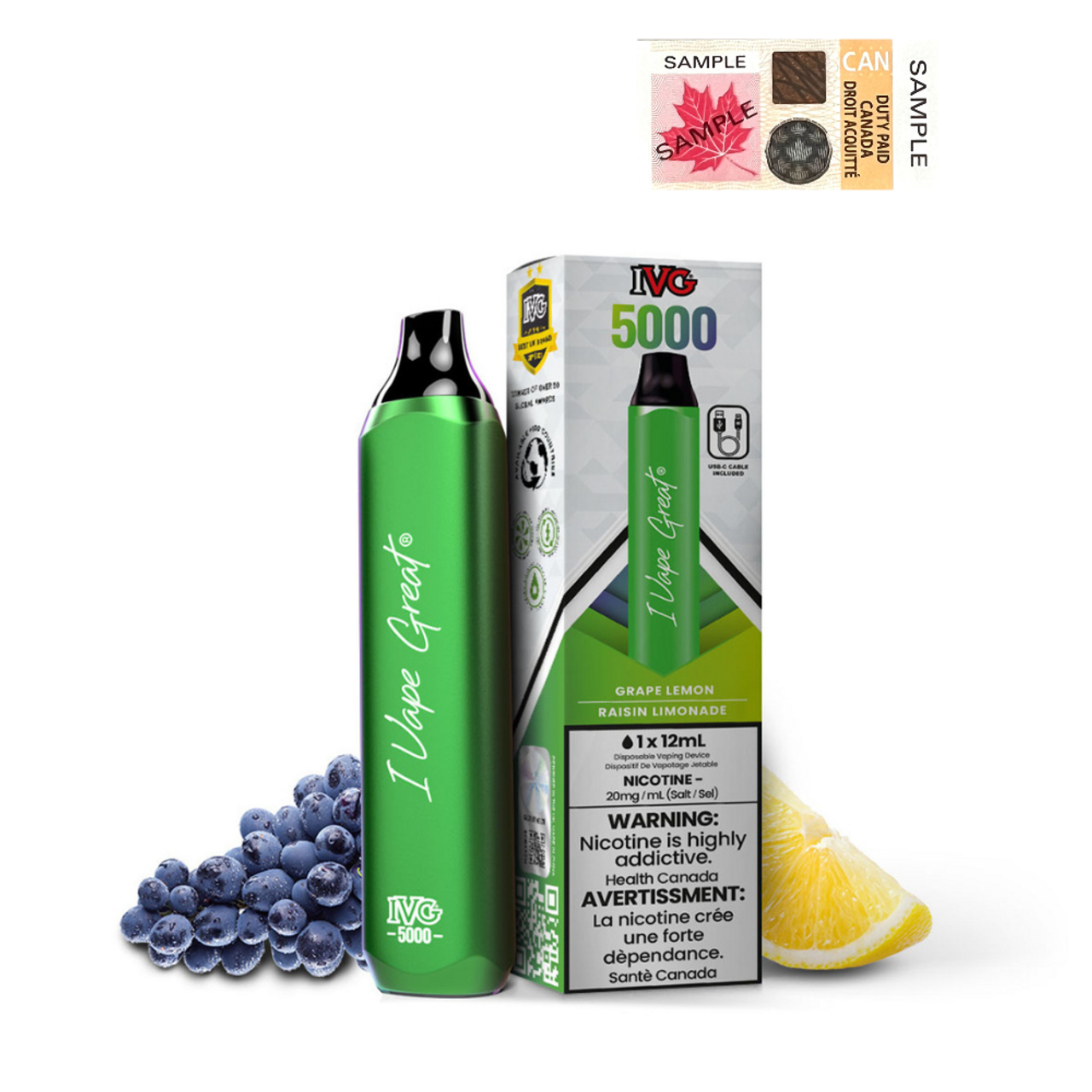 (Stamped) Grape Lemon IVG Bar Max 5000 Puffs Disposable Vape Ct-6