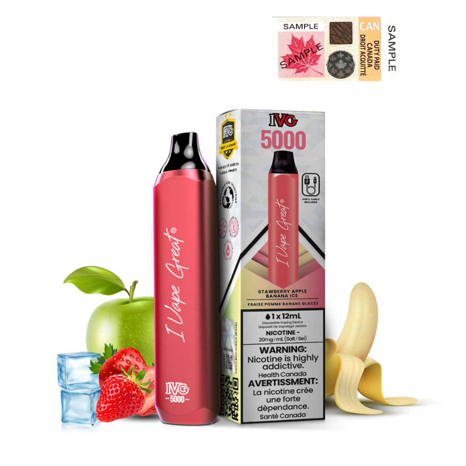 (Stamped) Strawberry Apple Banana Ice IVG Bar Max 5000 Puffs Disposable Vape Ct-6