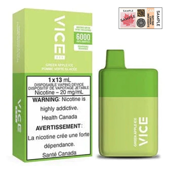 (Stamped) Green Apple Ice Vice Box 6000 Puffs Disposable Vape Ct 5