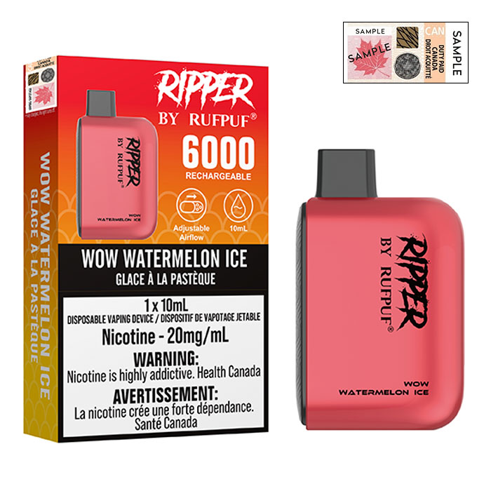 (Stamped) Wow Watermelon Ice 6000 Puffs Ripper Disposable Vape By G Core Rufpuf Ct 10