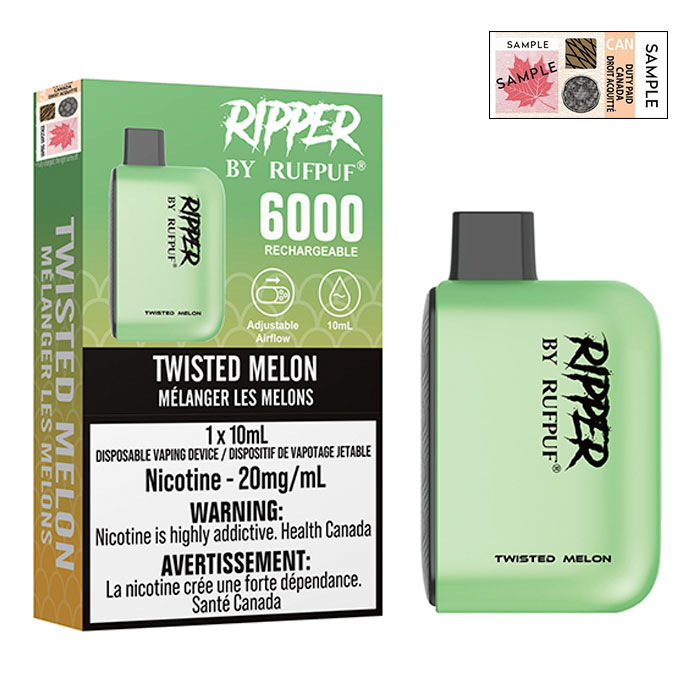 (Stamped) Twisted Melon 6000 Puffs Ripper Disposable Vape By G Core Rufpuf Ct 10