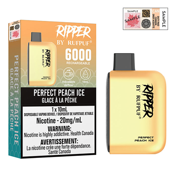 (Stamped) Perfect Peach Ice 6000 Puffs Ripper Disposable Vape By G Core Rufpuf Ct 10