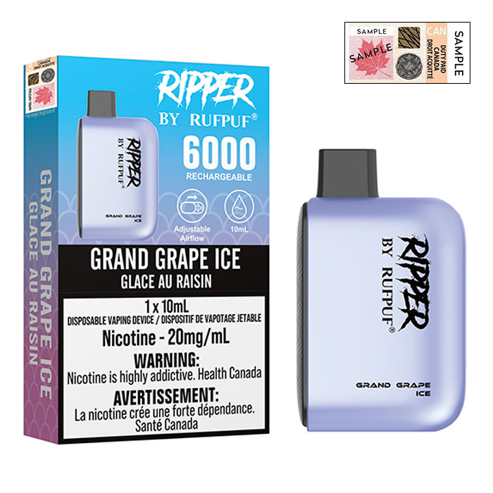 (Stamped) Grand Grape Ice 6000 Puffs Ripper Disposable Vape By G Core Rufpuf Ct 10