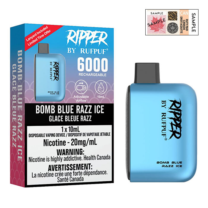 (Stamped) Bomb Blue Razz Ice 6000 Puffs Ripper Disposable Vape By G Core Rufpuf Ct 10