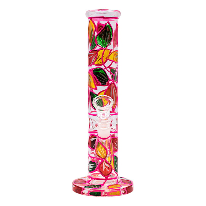 Hand Painted Pink Leaves 10 Inches Glass Bong
