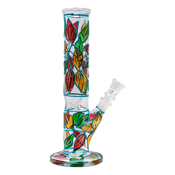 Hand Painted Sky Blue Leaves 10 Inches Glass Bong