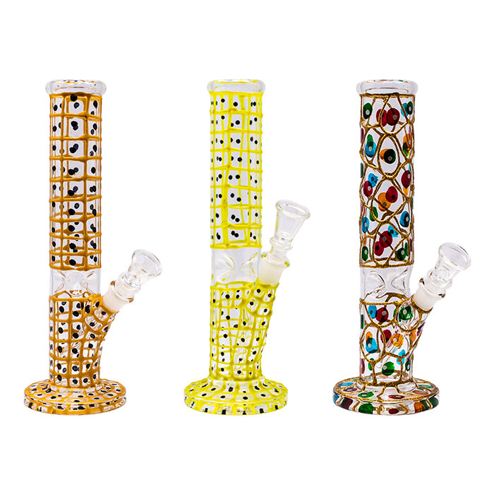 Yellow Hand Painted 10 Inches Cylindrical Dotted Glass Bong