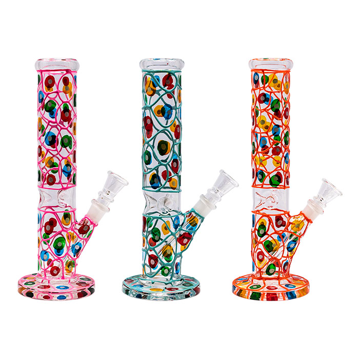 Assorted Color Hand Painted 10 Inches Cylindrical Dotted Glass Bong