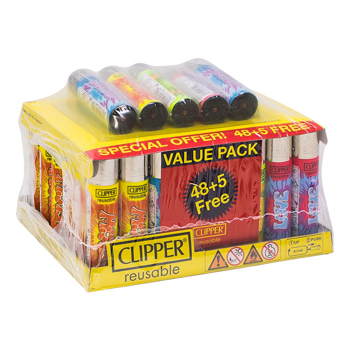 Clipper New Tie Dye Lighters Display of 48 With 5 Free Lighters