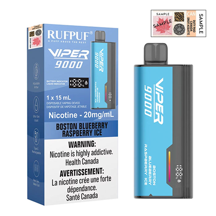 (Stamped) RufPuf Viper Boston Blueberry Raspberry Ice 9000 Puffs Disposable Vape Ct 10