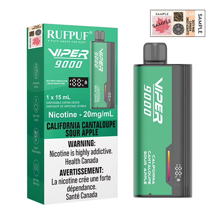 (Stamped) RufPuf Viper California Cantaloupe Sour Apple 9000 Puffs Disposable Vape Ct 10