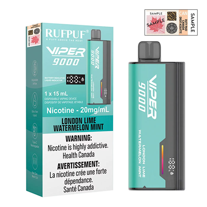 (Stamped) RufPuf Viper London Lime Watermelon Mint 9000 Puffs Disposable Vape Ct 10