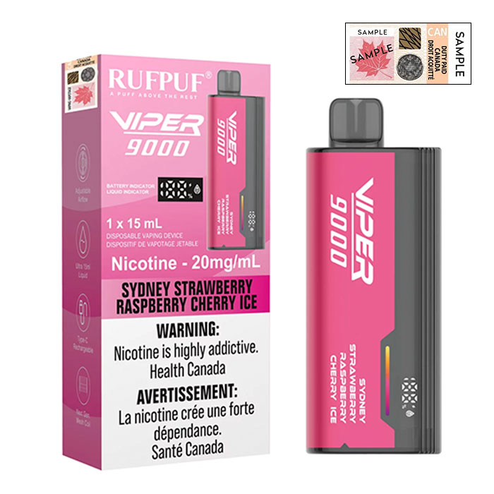 (Stamped) RufPuf Viper Sydney Strawberry Raspberry Cherry Ice 9000 Puffs Disposable Vape Ct 10