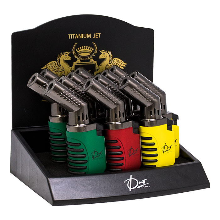 Duco Titanium Jet Series Angled Head Refillable Lighter Display of 12