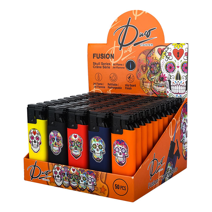 Duco Fusion Skull Series Single Jet Flame Lighters Display of 50
