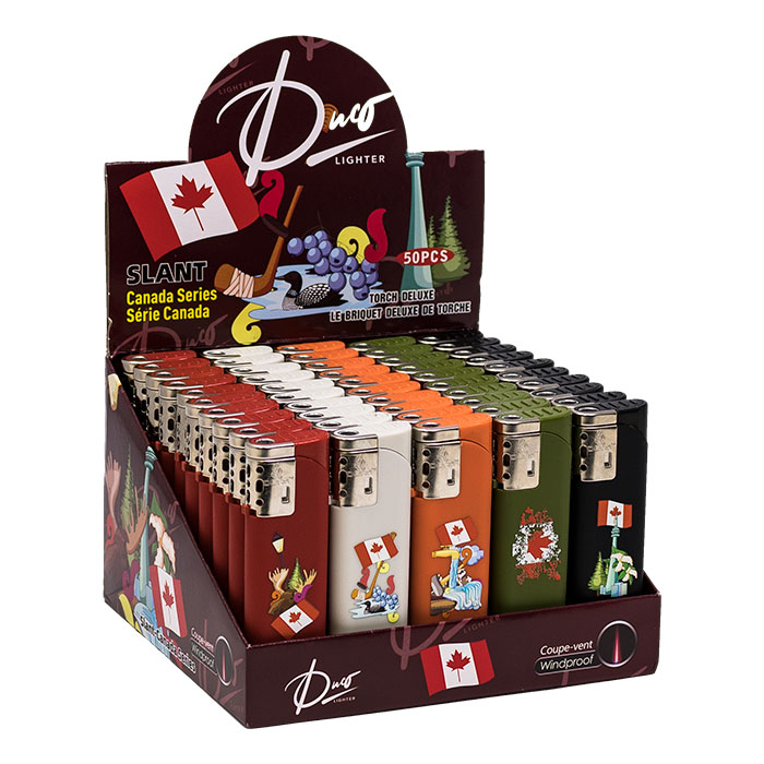 Duco Slant Canada Series Graphic UV Print Lighters Display of 50