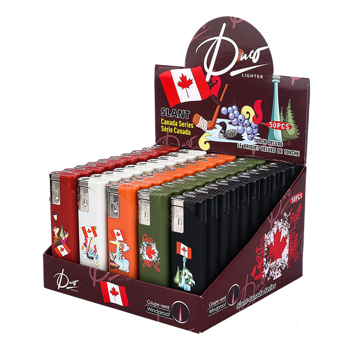 Duco Slant Canada Series Graphic UV Print Lighters Display of 50