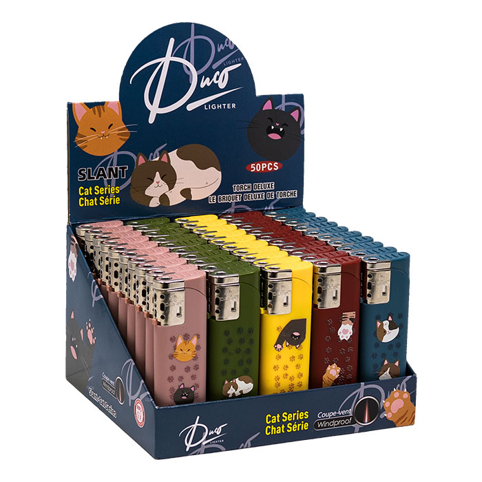 Duco Slant Cat Series Graphic UV Print Lighters Display of 50