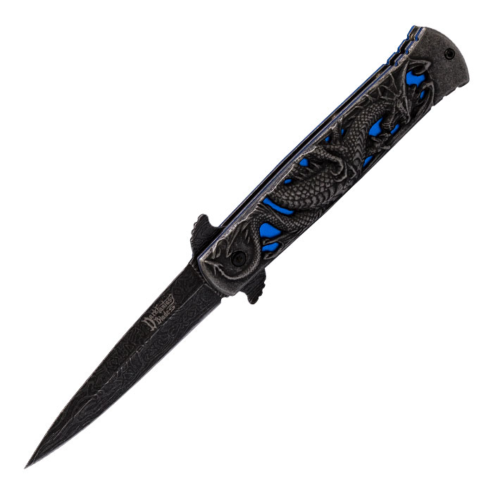 Black Blue Fire Dragon Foldable Pocket Knife by Dark Fantasy