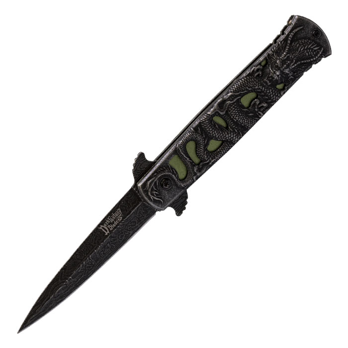 Black Green Fire Dragon Foldable Pocket Knife by Dark Fantasy