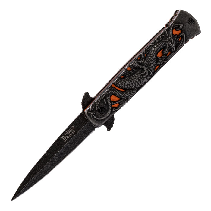 Black Orange Fire Dragon Foldable Pocket Knife by Dark Fantasy 