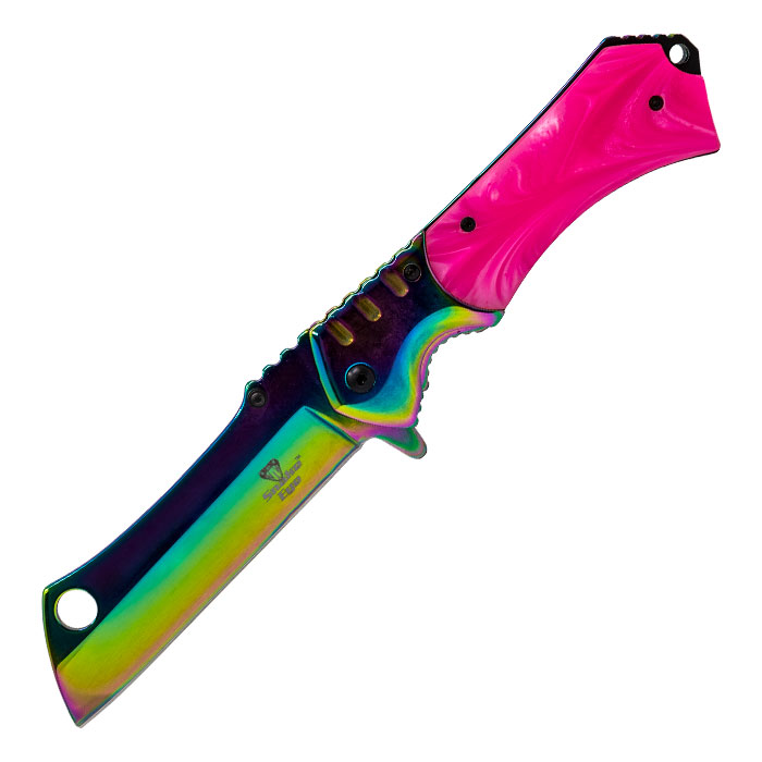 Rainbow with Pink Handle Snake Eye Foldable Pocket Knife 
