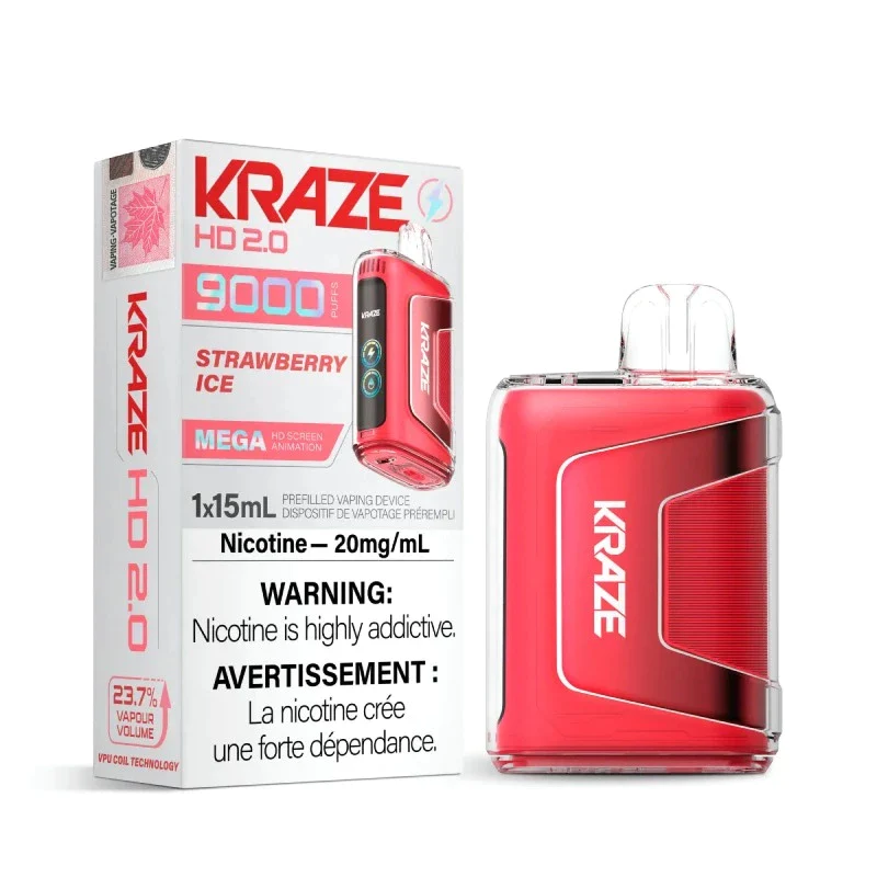  Strawberry Ice Kraze HD 2.0 9000 Puffs Disposable Vape Ct 5