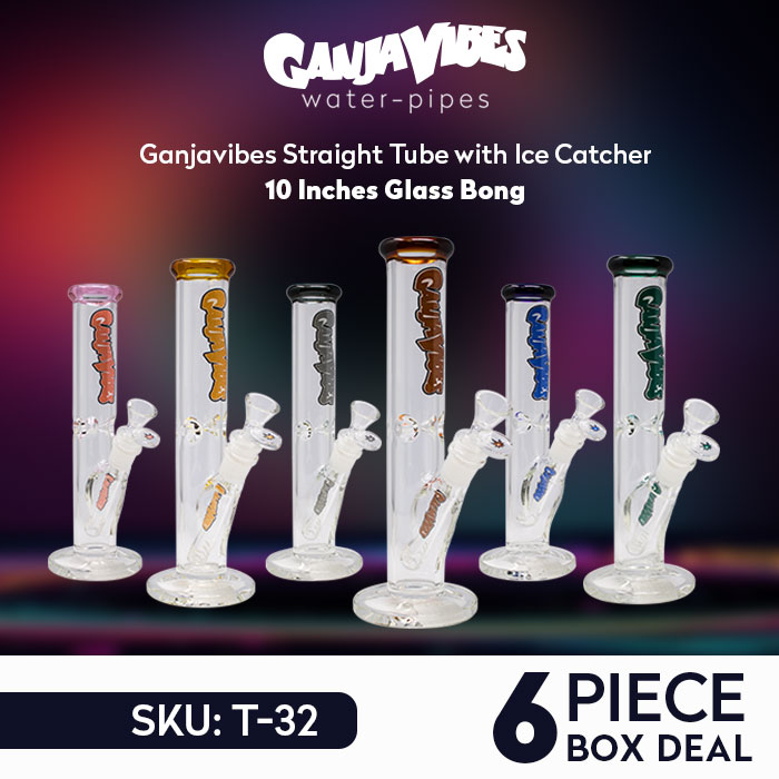 Ganjavibes Straight Tube with Ice Catcher 10 Inches Glass Bong Deal of 6