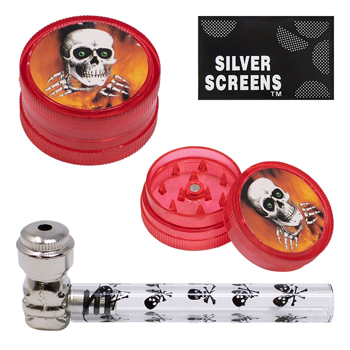 Assorted Glass Hazardous Skull 4 Inches Metal Pipe Set 